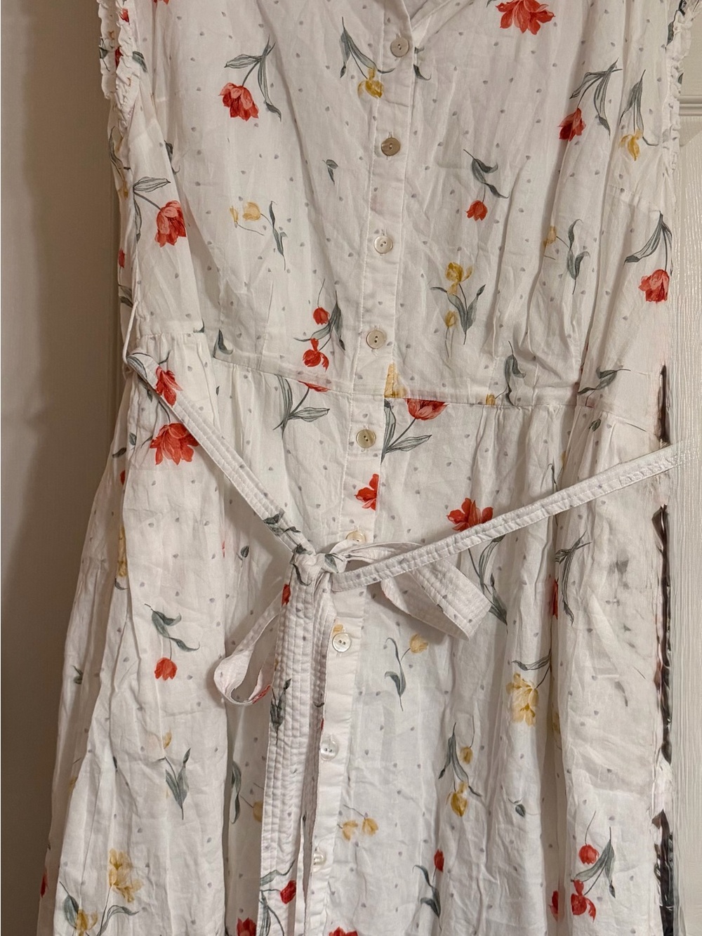 White Floral Midi Dress with Waist Tie
